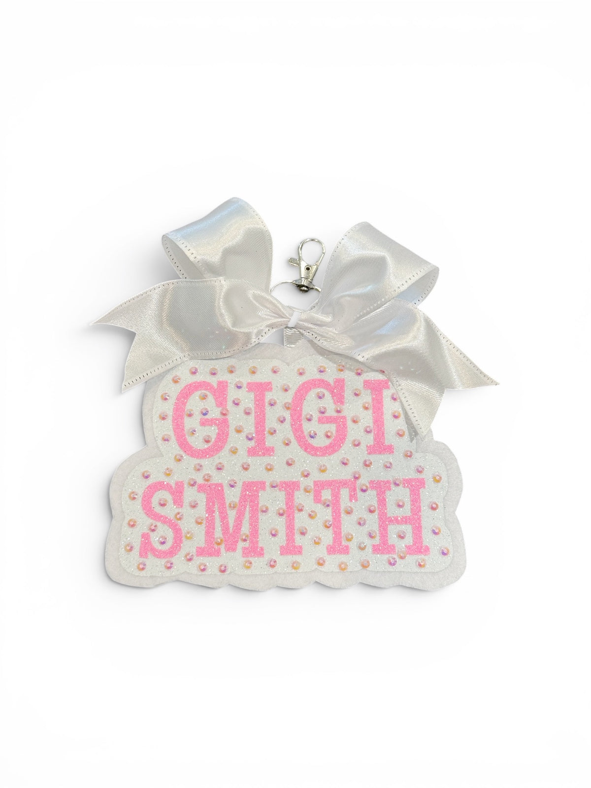 Larger Custom Dance Bag Tag by TaylorMade Studio, close up