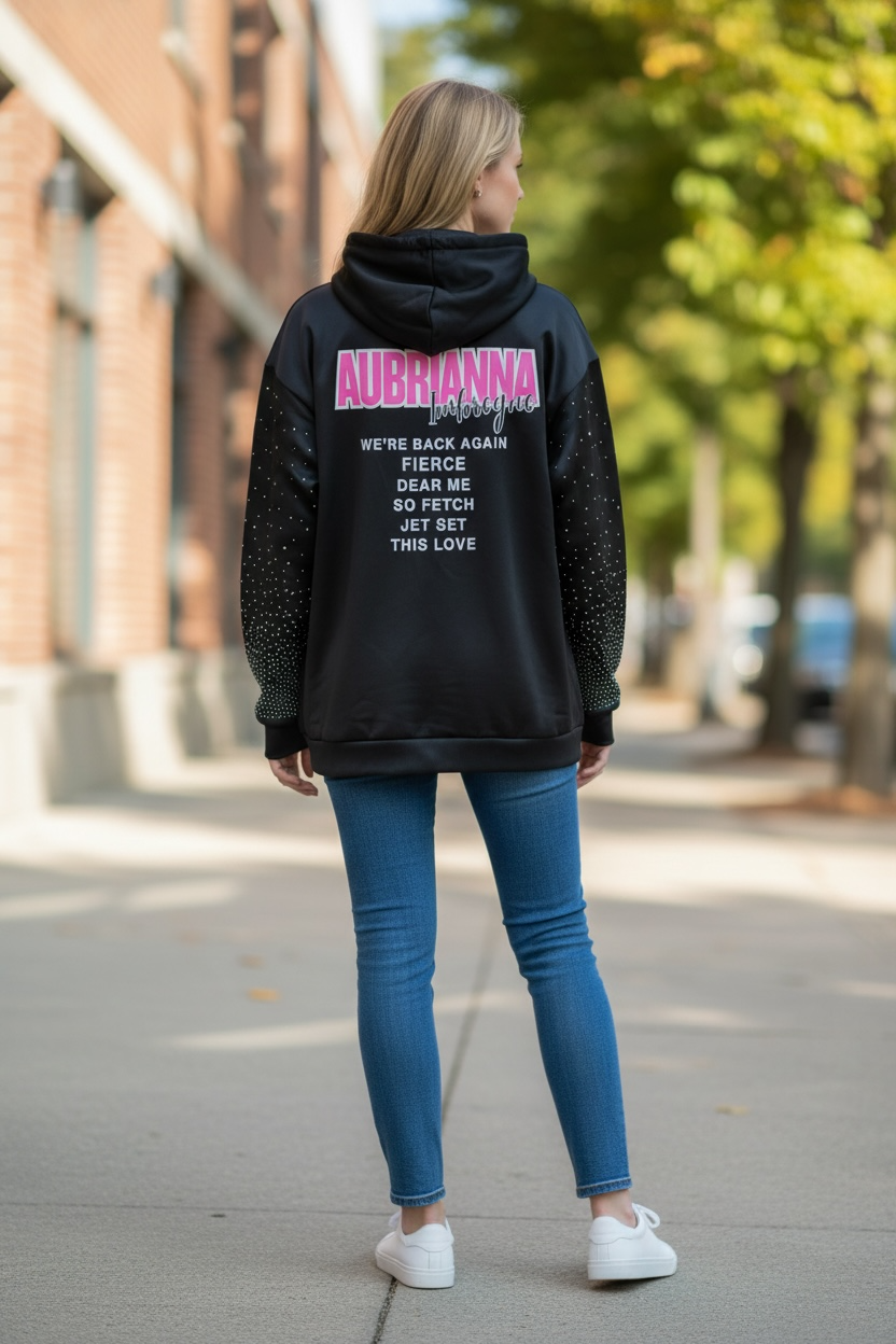 Dance Mom Hoodie With Rhinestone Sleeves by TaylorMade Studio, detail view