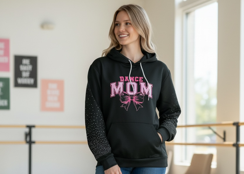 Dance Mom Hoodie With Rhinestone Sleeves by TaylorMade Studio, front view